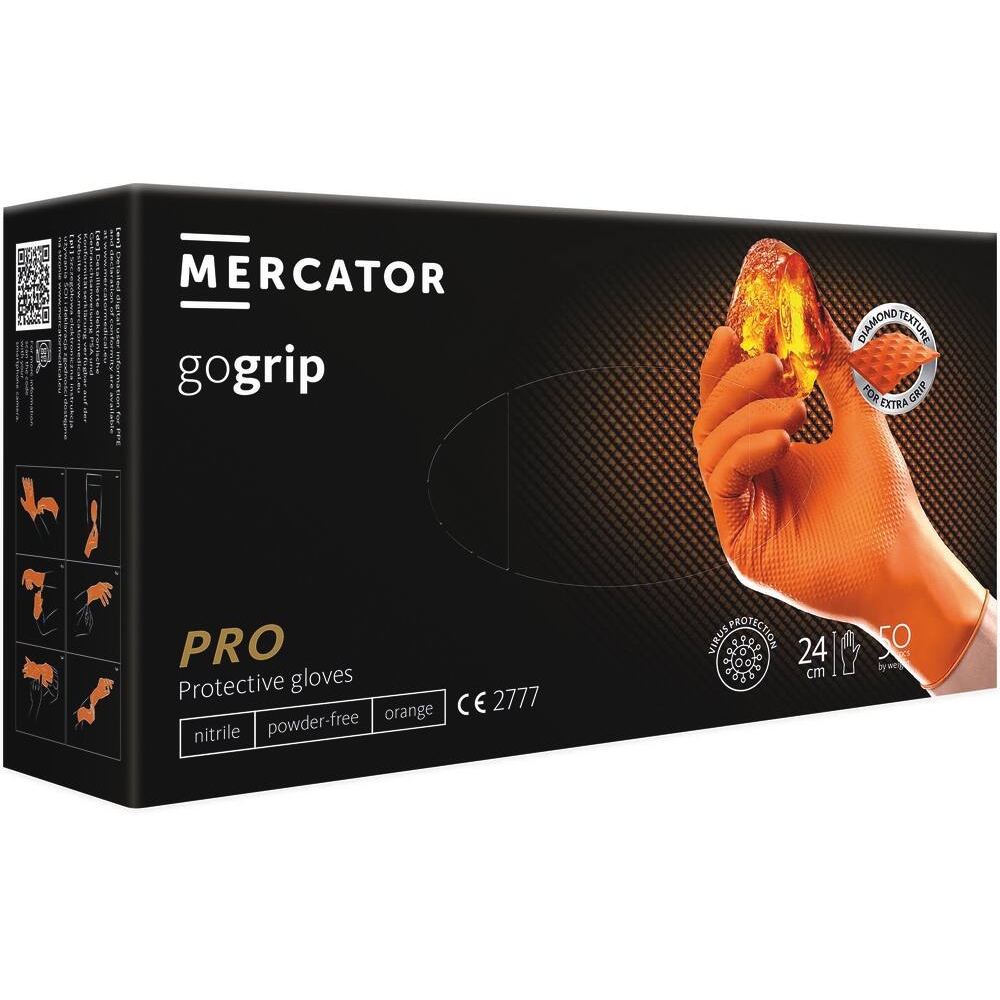 Gants jetables ambidextres nitrile 240mm 0,26mm orange M(8) - Boîte de 50 pcs MERCATOR - 65148