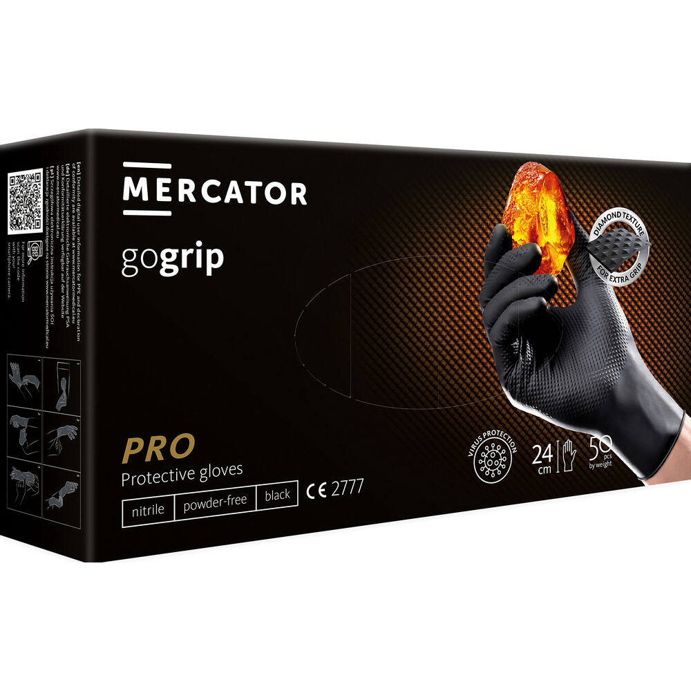 Gants jetables ambidextres nitrile 240mm 0,18mm noir T8 - Boîte de 50 pcs MERCATOR - 65152
