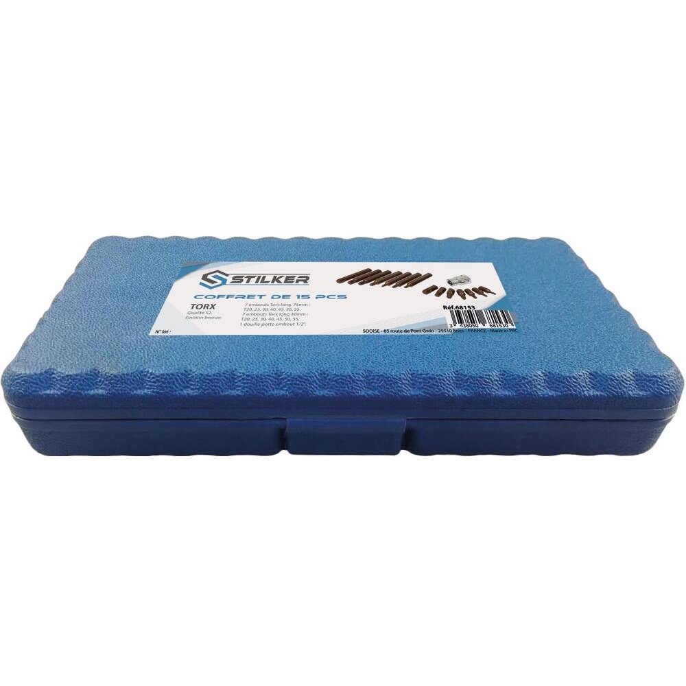 Embout hexagonal 10mm Torx de T20 à T55 avec douille 1/2 porte-embouts - coffret PVC de 15 pcs STILKER - 68153