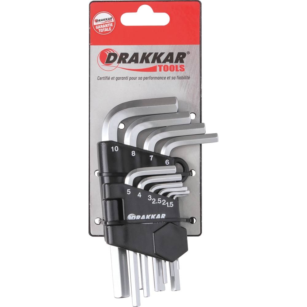 Clés mâles coudées hexagonales courtes de 1,5 à 10mm - étui pivotant de 10 pcs sur carte DRAKKAR TOOLS - 68417