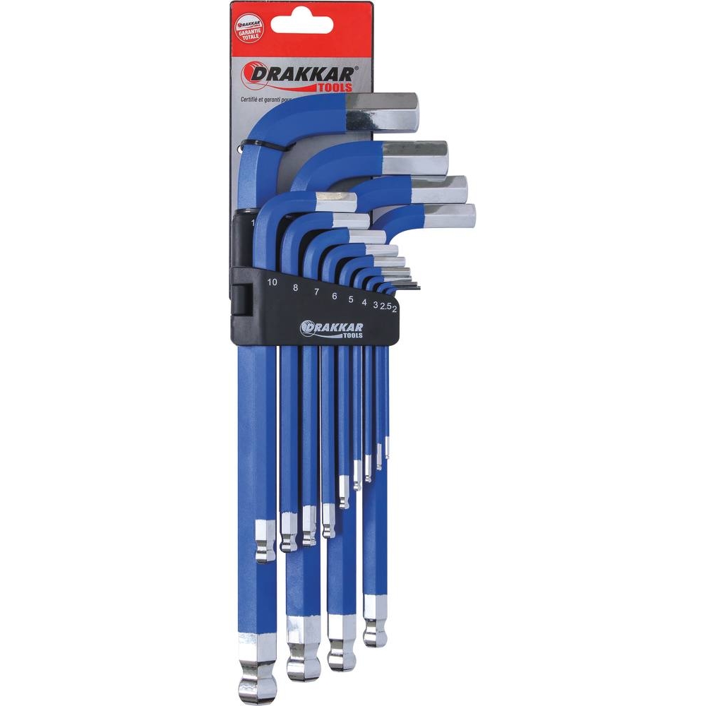 Clés mâles coudées hexagonales longues magnétiques de 2 à 19mm - étui pivotant de 13 pcs sur carte DRAKKAR TOOLS - 68421