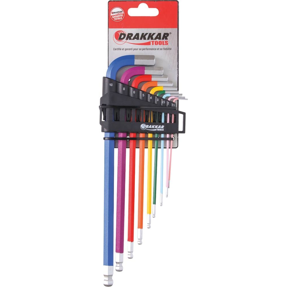 Clés mâles coudées hexagonales extra longues de 1,5 à 10mm - étui de 9 pcs sur carte DRAKKAR TOOLS - 68423