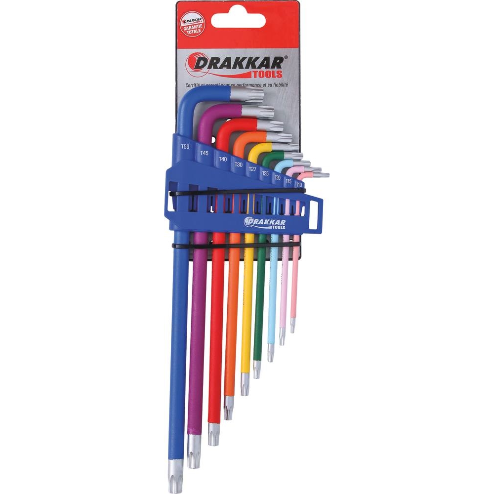 Clés Torx alésées extra longues de TT10 à TT50 - étui de 9 pcs sur carte DRAKKAR TOOLS - 68425