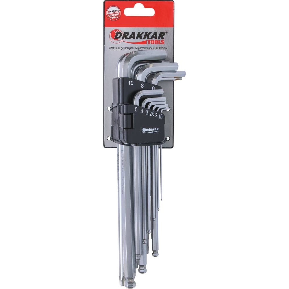 Clés mâles coudées extra longues hexagonales de 1,5 à 10mm et Torx de T10 à T50 - étui pivotant de 18 pcs sur carte DRAKKAR TOOLS - 68442