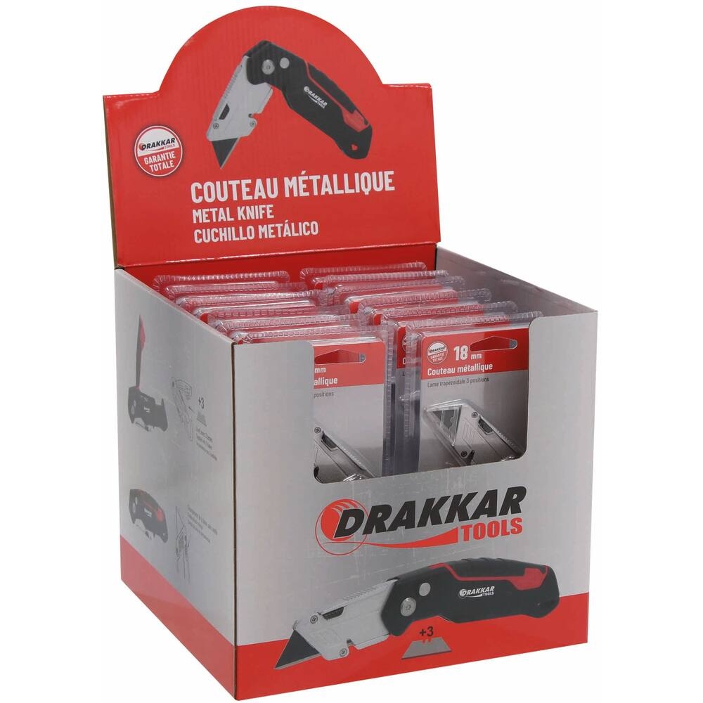 Couteau 19mm métallique lame trapézoïdale 3 positions - DRAKKAR TOOLS - 68860