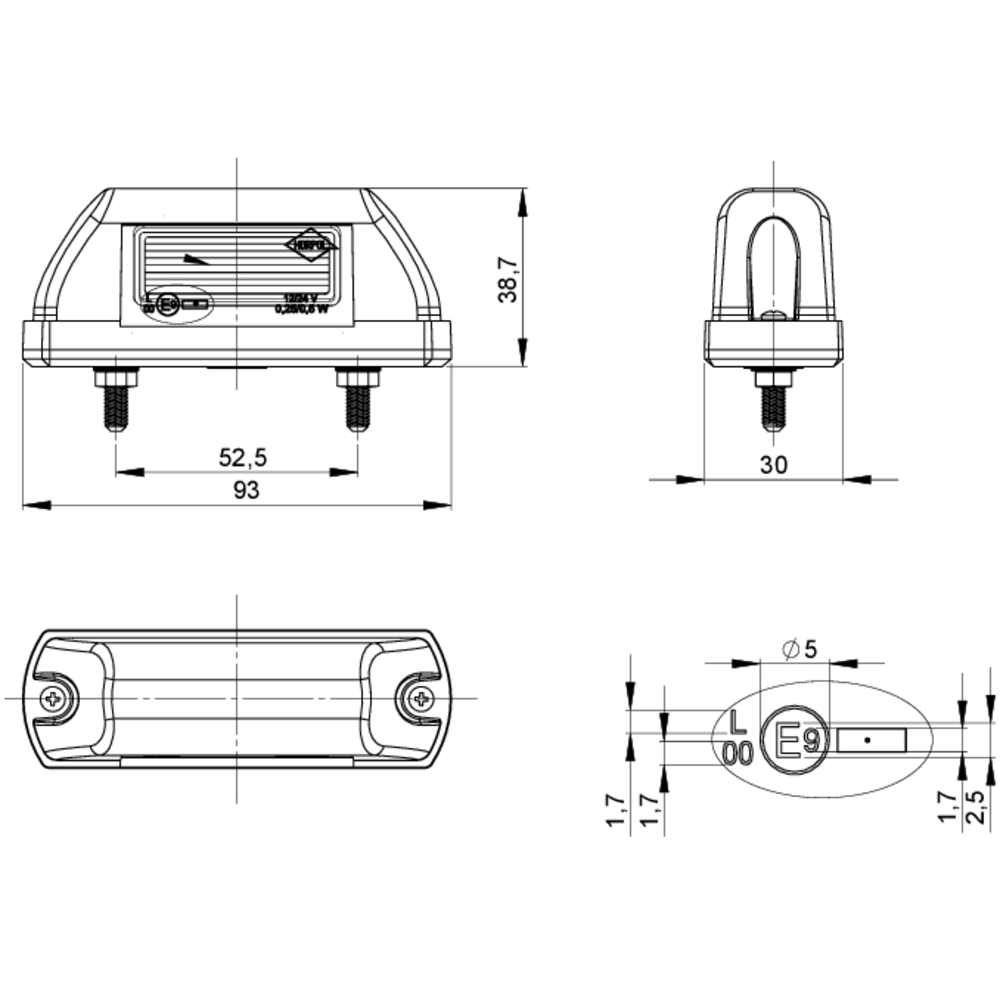 Feu éclaireur de plaque LED 12/24V entraxe 52,5mm SODIFLASH - 79605