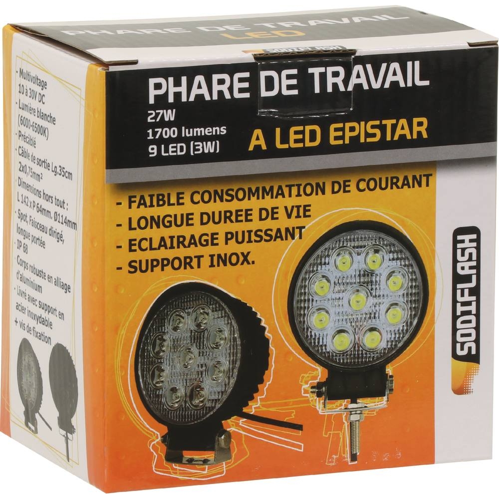 Phare de travail rond LED 10/32V 27W 1800 lumens faisceau large SODIFLASH - 79664