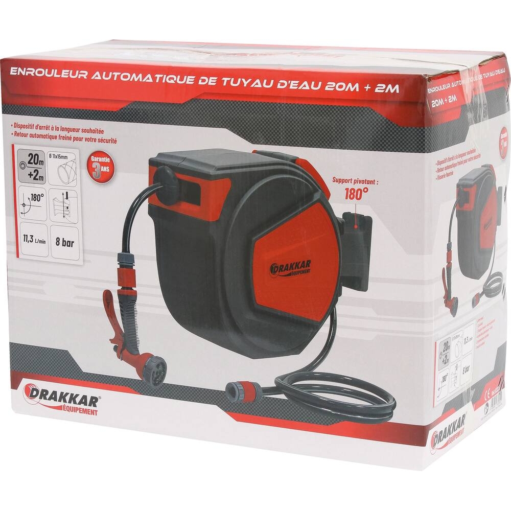 Enrouleur automatique de tuyau d'eau 20m + 2m Ø 11mm DRAKKAR - 83205