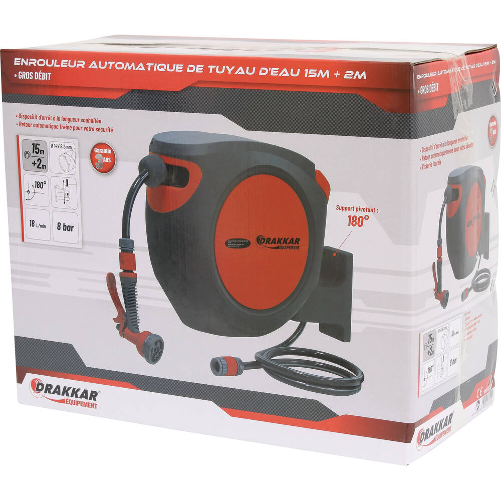 Enrouleur automatique de tuyau d'eau 15m + 2m Ø 14mm DRAKKAR - 83210