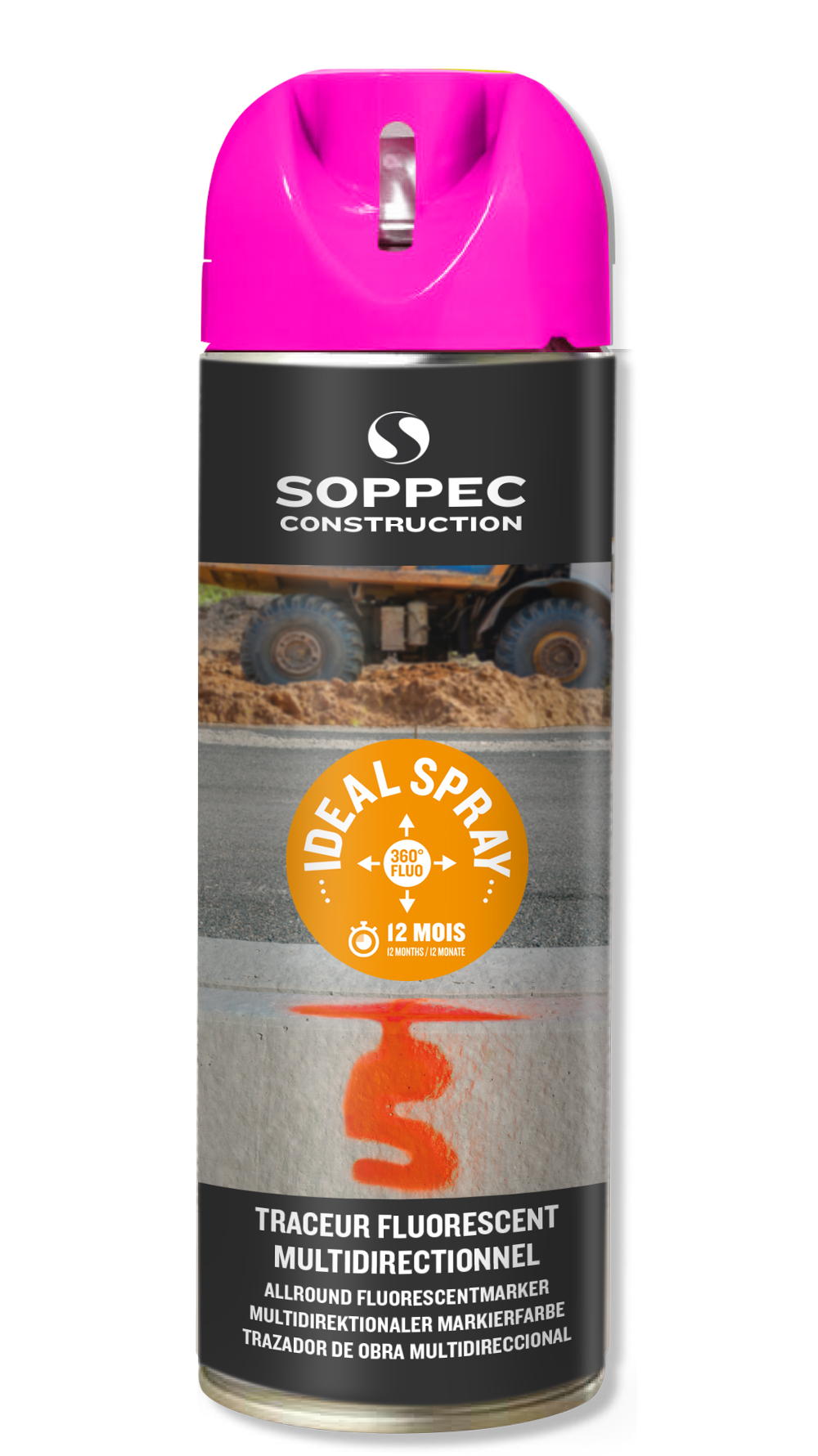 Bombe de peinture - Traceur de chantier cerise fluo multidirectionnel ideal spray SOPPEC -12 mois - 141825o