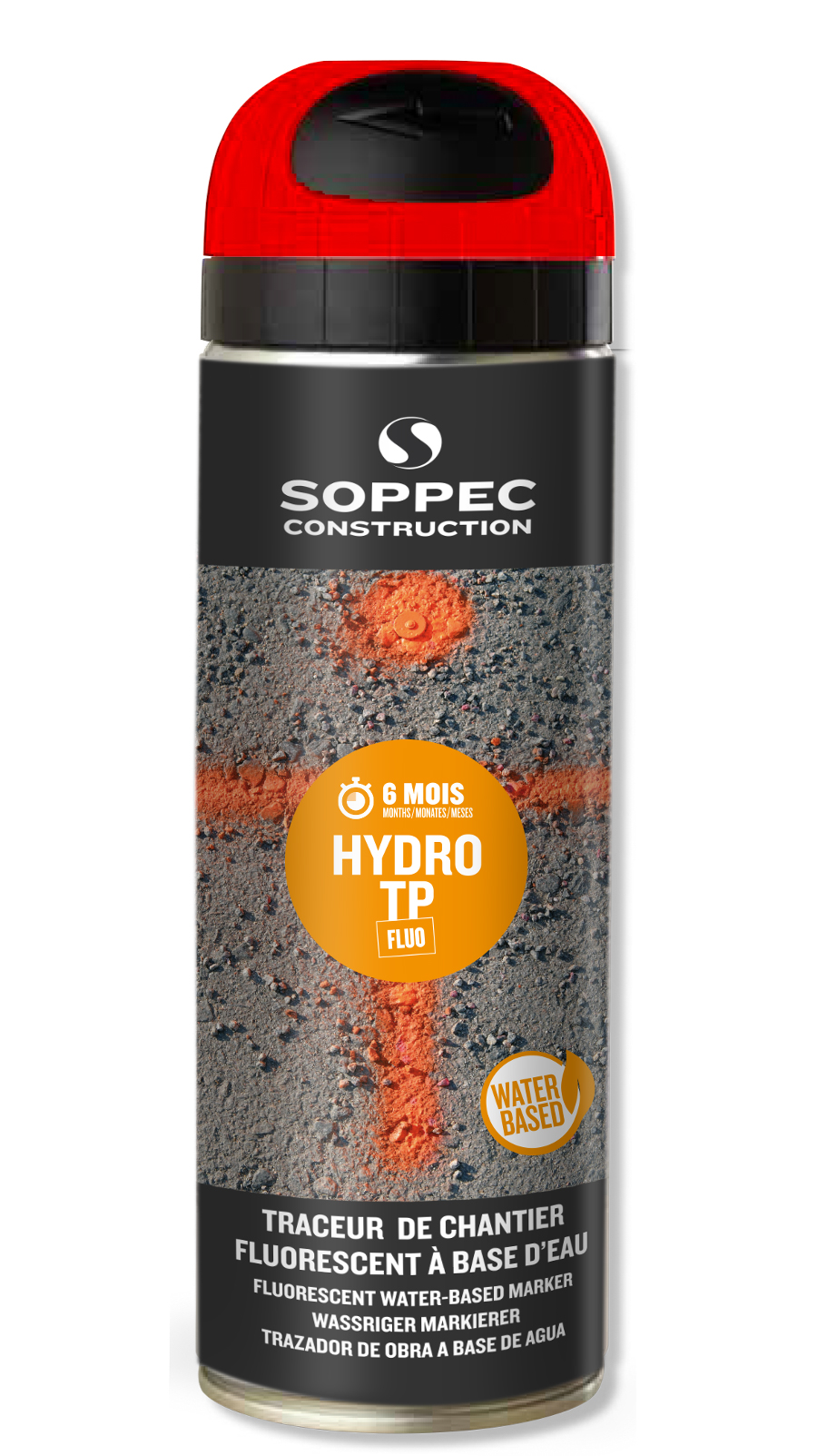 Bombe de peinture - Traceur de chantier SOPPEC rouge fluo en phase aqueuse hydro tp 6 mois - 142213