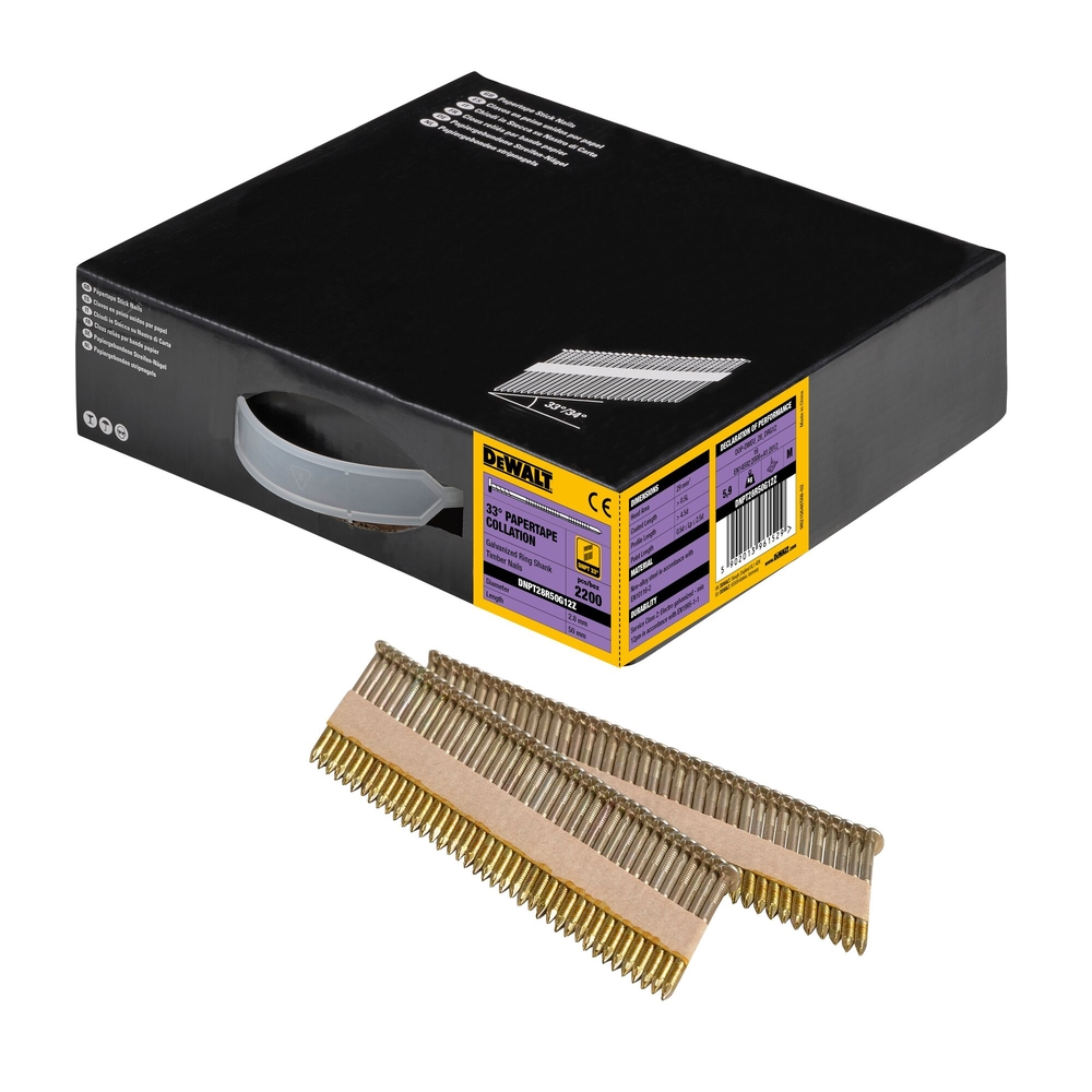 Pointes en bande papier 33° crantées électro-zinguées 2,8 x 50 mm - DNPT28R50G12Z - DEWALT