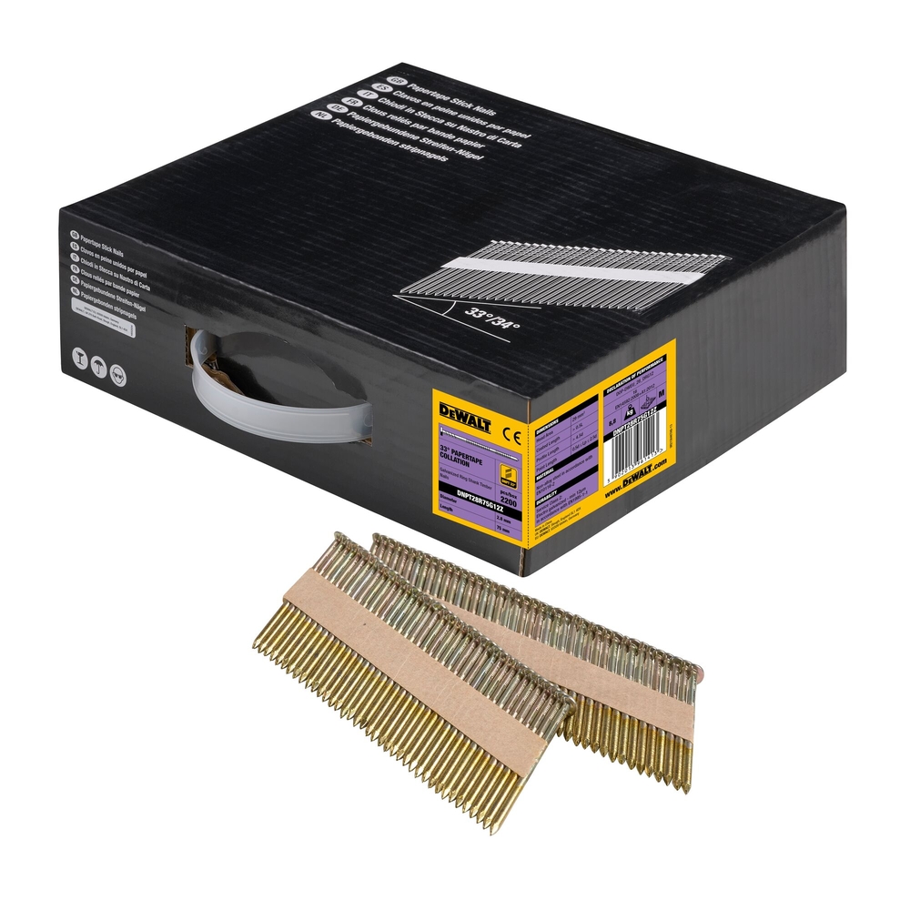 Pointes en bande papier 33° crantées électro-zinguées 2,8 x 75 mm - DNPT28R75G12Z - DEWALT