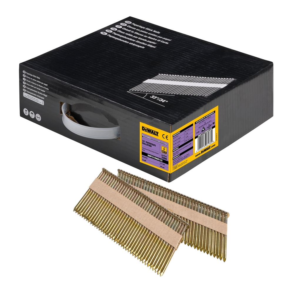Pointes en bande papier 33° crantées électro-zinguées 3,1 x 90 mm - DNPT31R90G12Z - DEWALT
