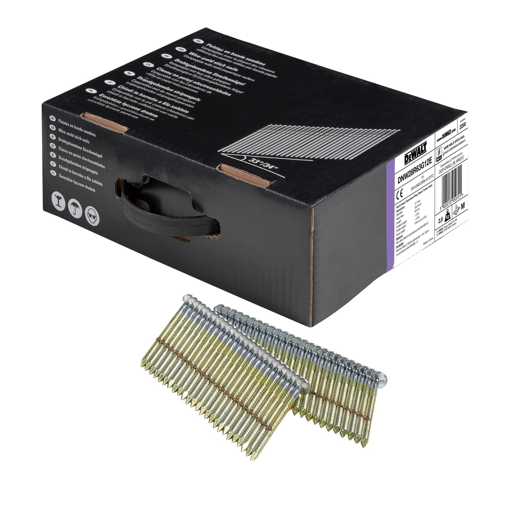 Pointes en bande métal 34° crantées électro-zinguées 2,8 x 63 mm - DNW28R63G12E - DEWALT