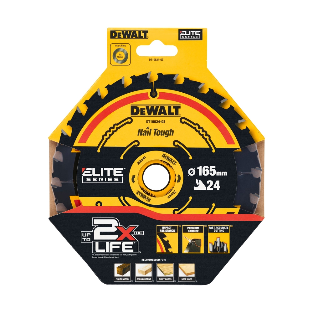 Lame de scie circulaire 165x20 mm, 24 dents, ATB/tronçonnage, angle d'attaque 20 - DT10624-QZ - DEWALT