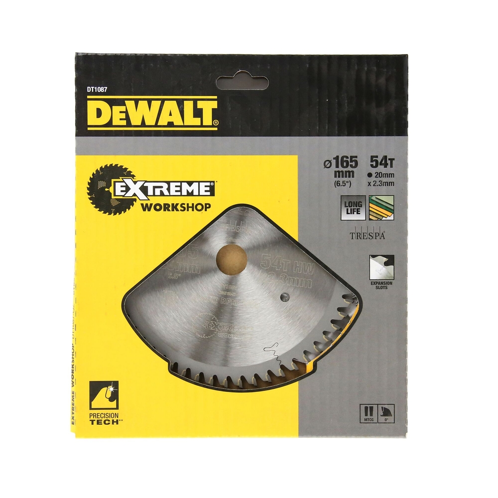 Lame pour scie circulaire plongeante carbure Extreme Workshop 165x20mm 54 dents - DT1087-QZ - DEWALT