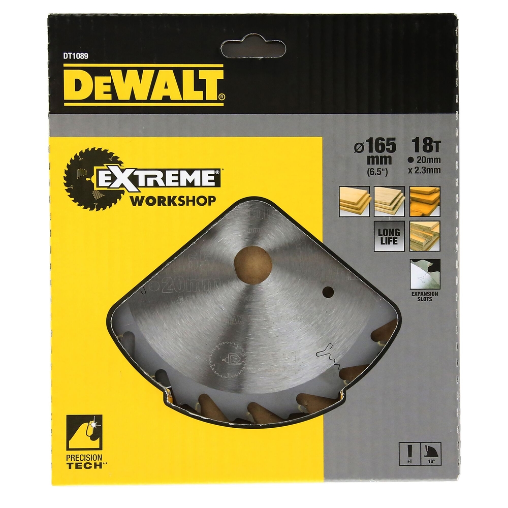 Lame pour scie circulaire plongeante carbure Extreme Workshop 165x20mm 18 dents - DT1089-QZ - DEWALT