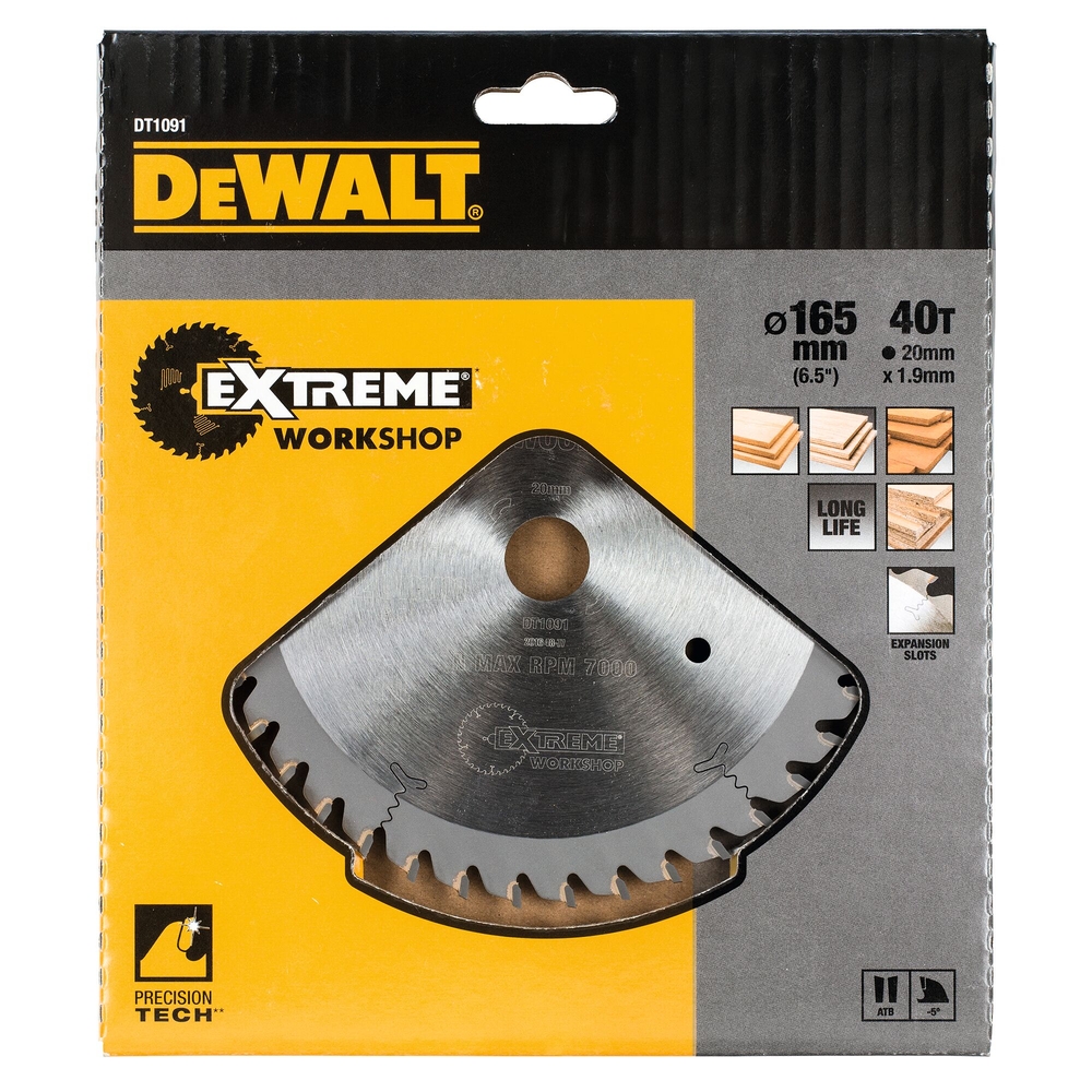 Lame pour scie circulaire plongeante carbure Extreme Workshop 165x20mm 40 dents - DT1091-QZ - DEWALT