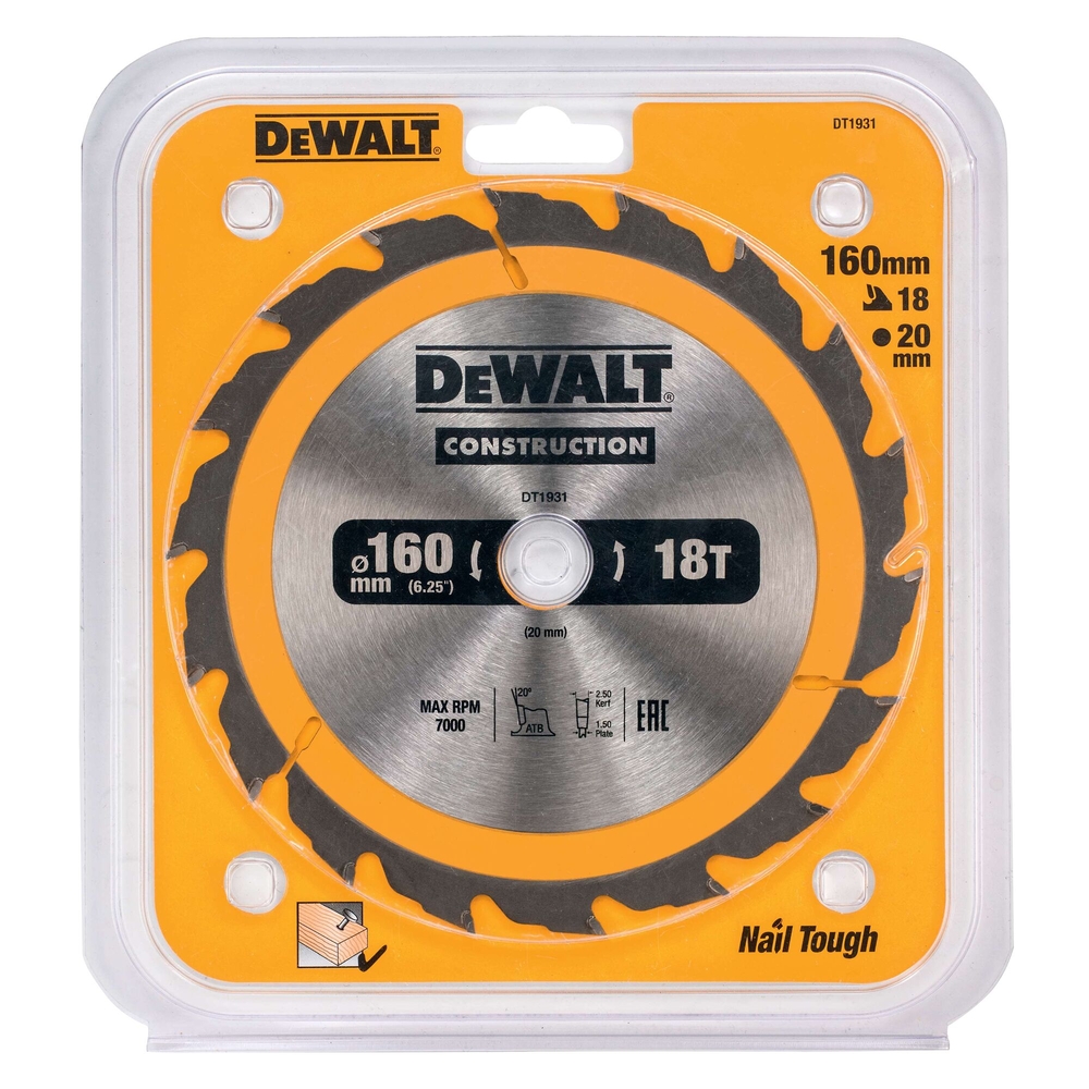 Lame de scie circulaire 160x20 mm 18 dents ATB/délignage angle d'attaque 20 - DT1931-QZ - DEWALT