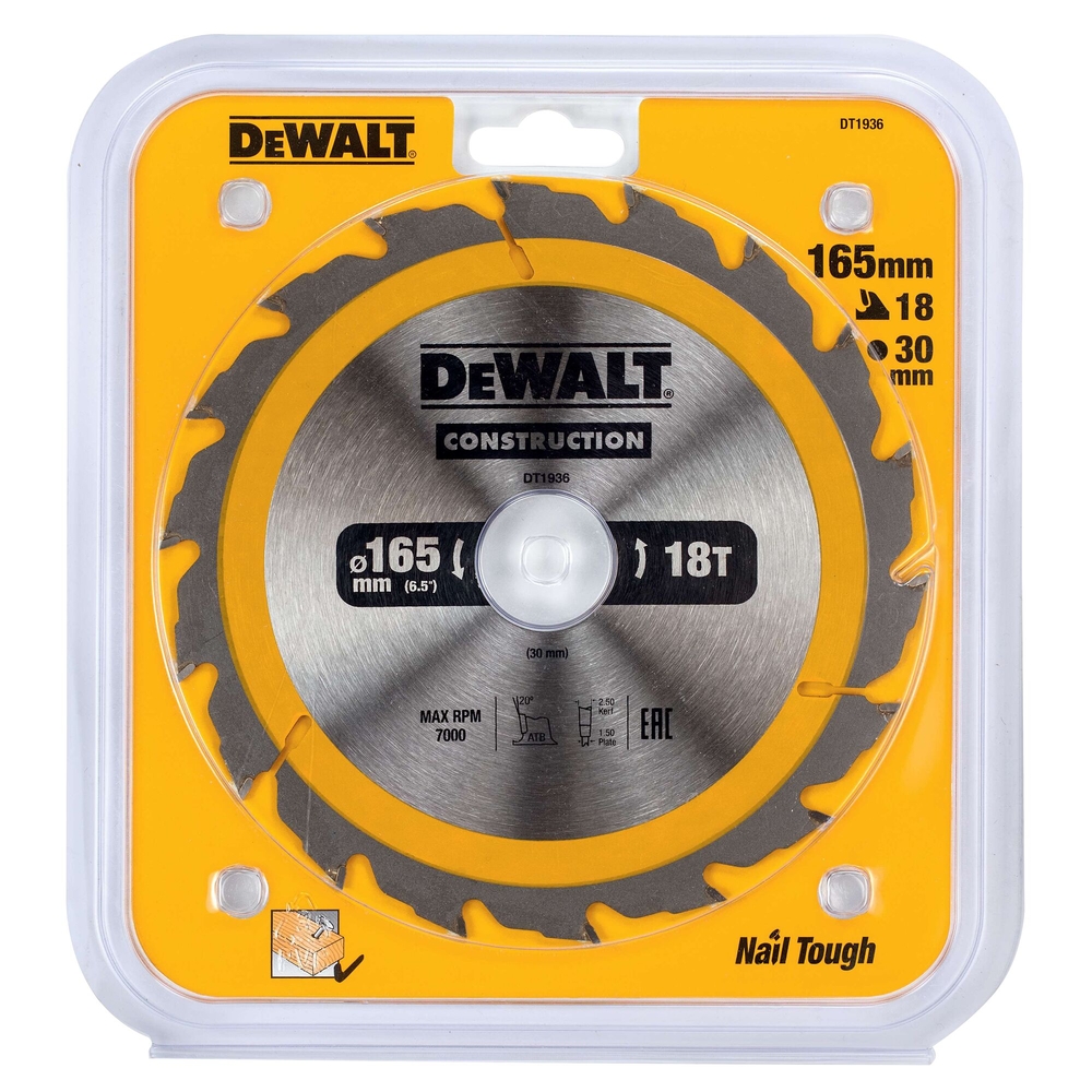 Lame de scie circulaire 165x30 mm 18 dents ATB/délignage angle d'attaque 20 - DT1936-QZ - DEWALT