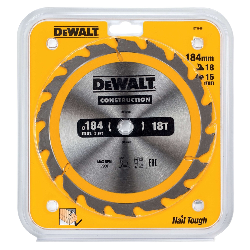 Lame de scie circulaire 184x16 mm 18 dents ATB/délignage angle d'attaque 20 - DT1938-QZ - DEWALT