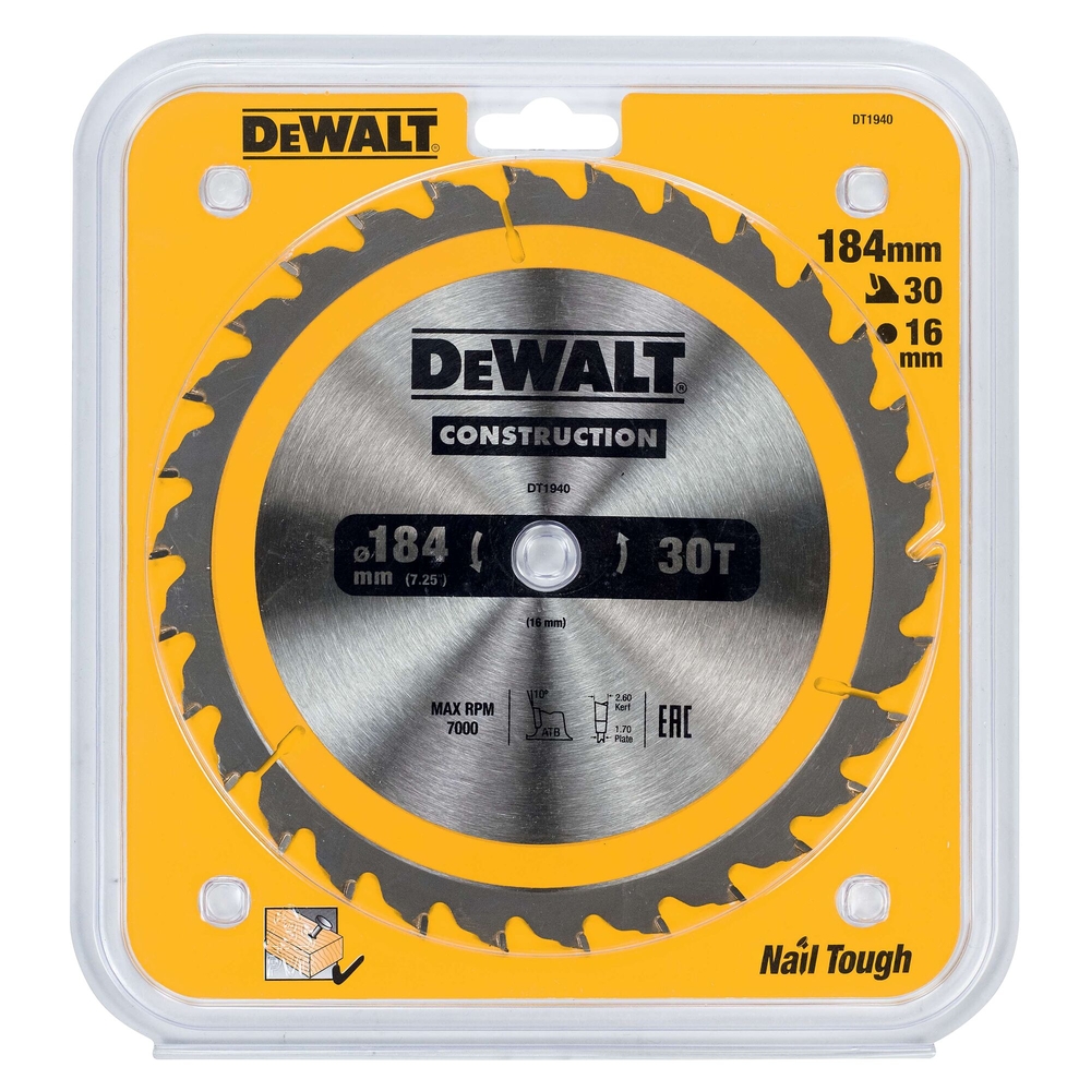 Lame de scie circulaire 184x16 mm 30 dents ATB/tronçonnage angle d'attaque 10 - DT1940-QZ - DEWALT