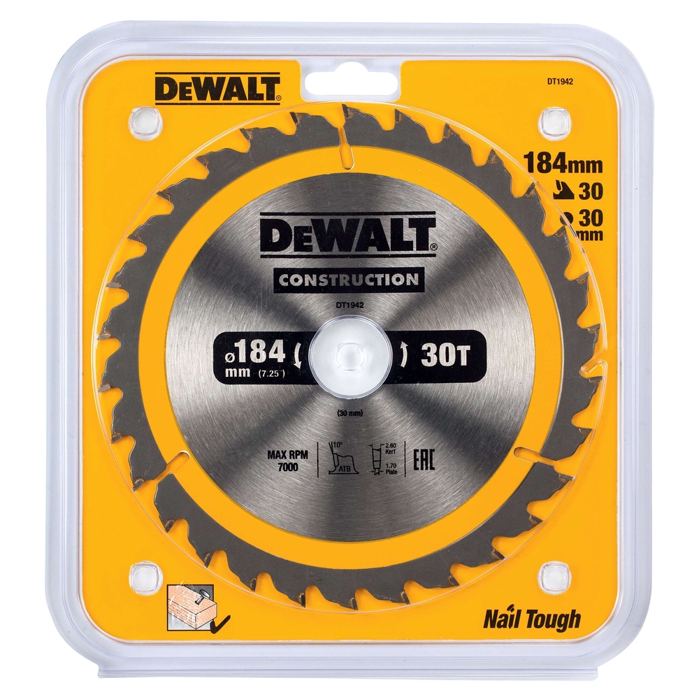 Lame de scie circulaire 184x30 mm 30 dents ATB/tronçonnage angle d'attaque 10 - DT1942-QZ - DEWALT