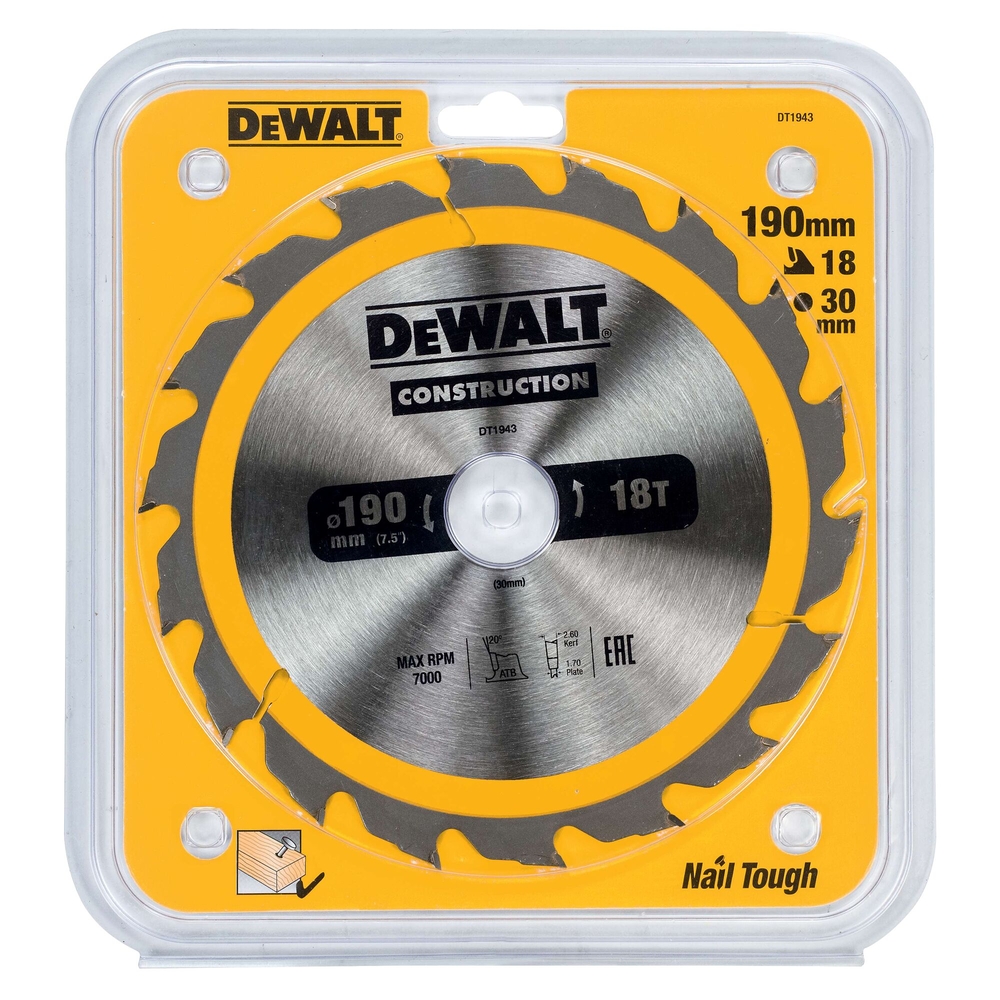 Lame de scie circulaire 190x30 mm 18 dents ATB/délignage angle d'attaque 20 - DT1943-QZ - DEWALT