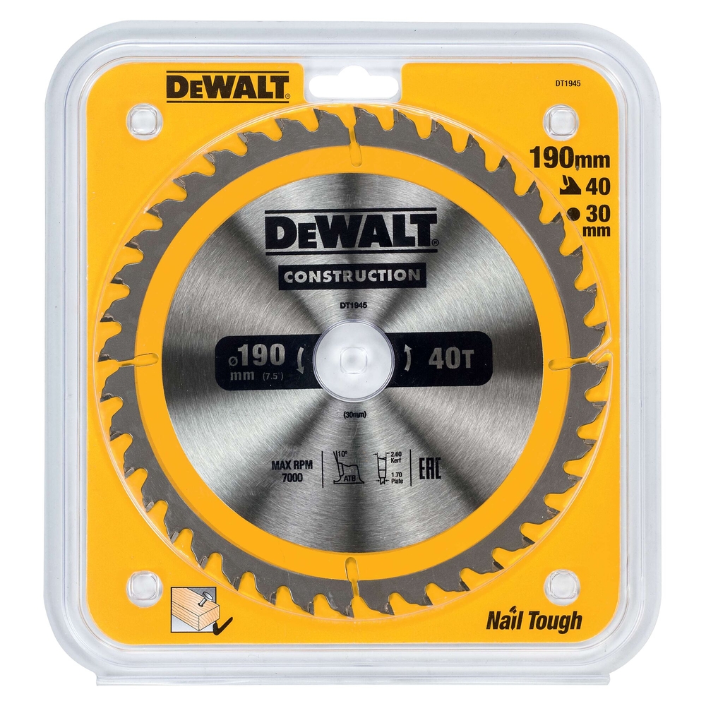 Lame de scie circulaire 190x30 mm 40 dents ATB/tronçonnage angle d'attaque 10 - DT1945-QZ - DEWALT