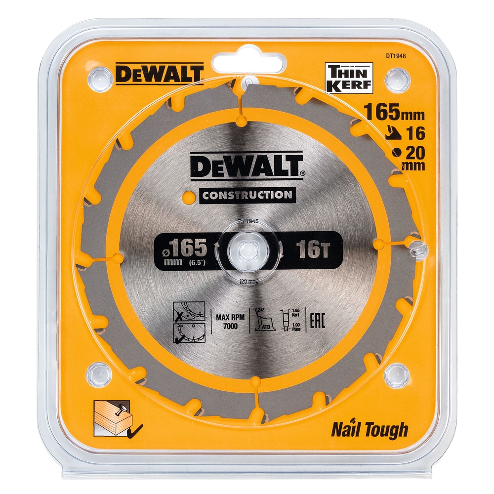 Lame de scie circulaire 165x20 mm 16 dents ATB/délignage angle d'attaque 20 - DT1948-QZ - DEWALT