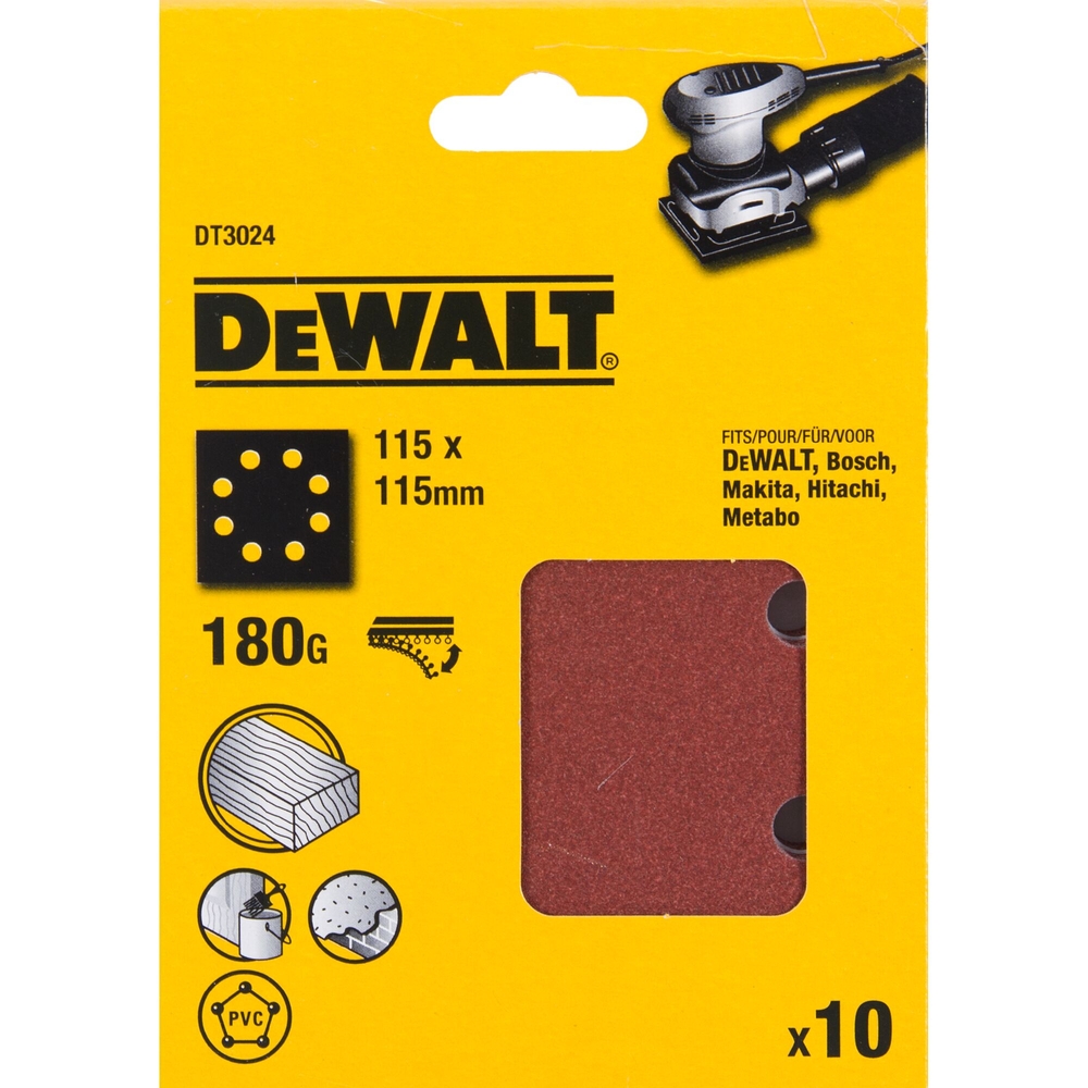 1/4 feuille abrasive pour ponceuses vibrantes grain 180-8 perforations 115x115mm - DT3024-QZ - DEWALT