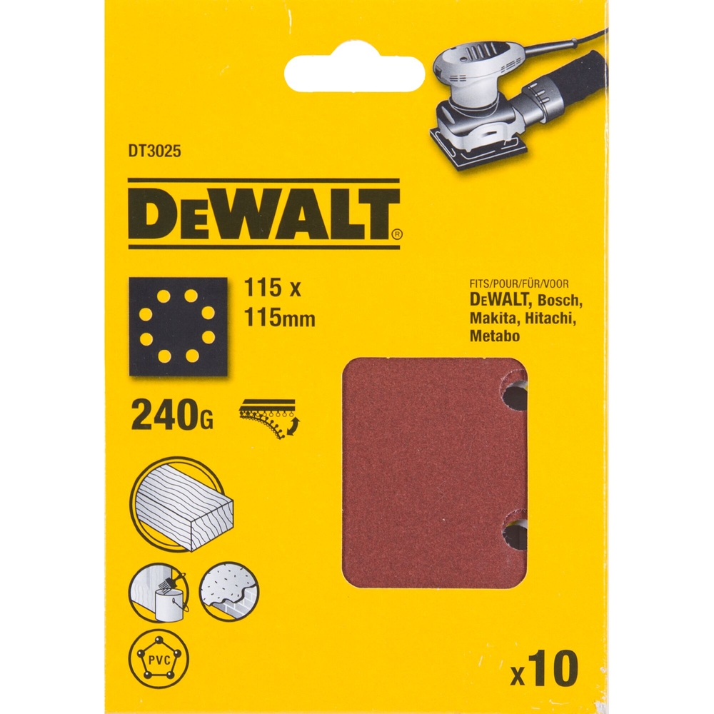 1/4 feuille abrasive pour ponceuses vibrantes grain 240-8 perforations 115x115mm - DT3025-QZ - DEWALT