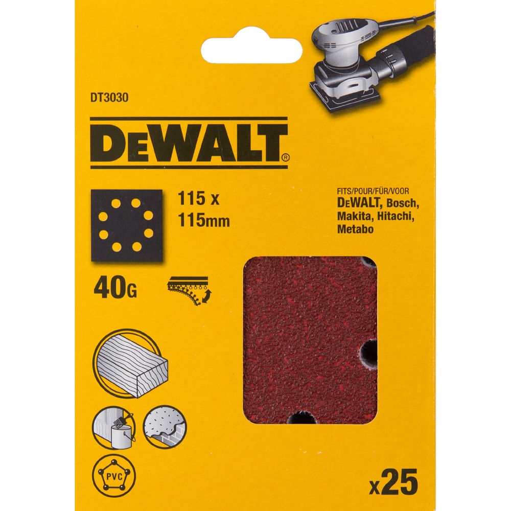 1/4 feuille abrasive pour ponceuses vibrantes grain 40-8 perforations 115x115 mm - DT3030-QZ - DEWALT