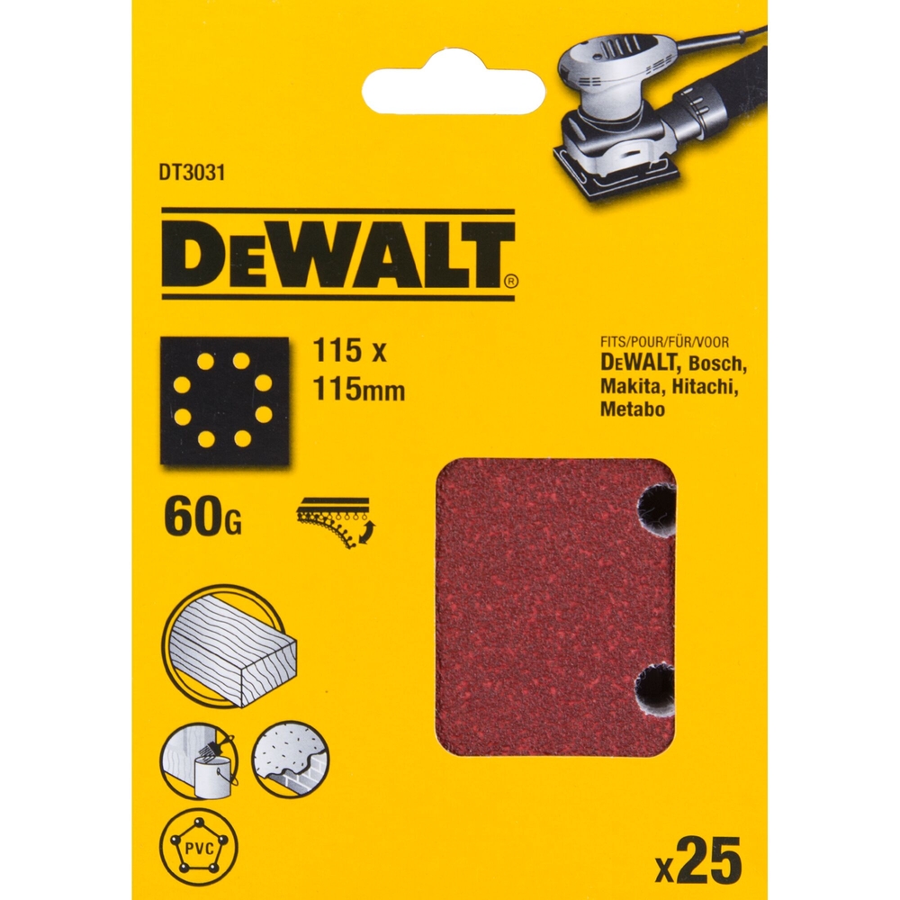 1/4 feuille abrasive pour ponceuses vibrantes grain 60-8 perforations 115x115 mm - DT3031-QZ - DEWALT
