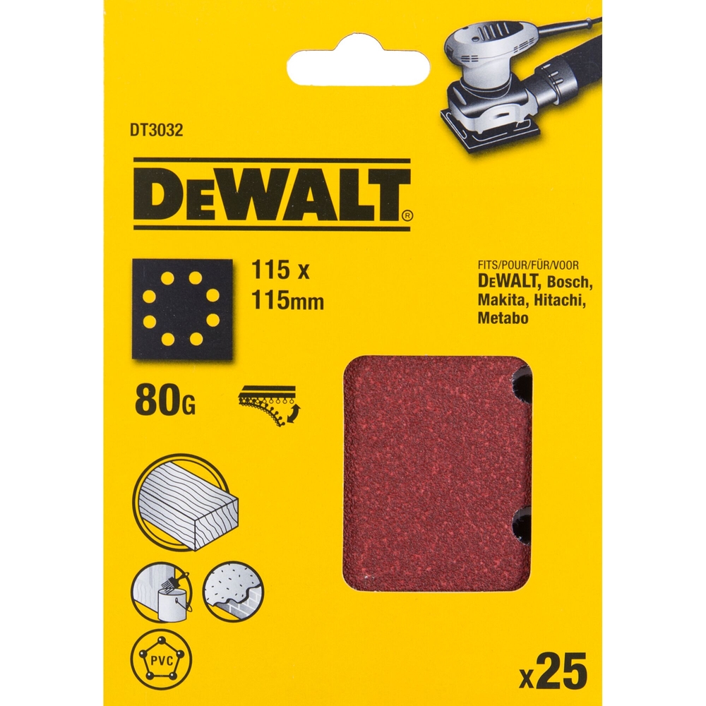 1/4 feuille abrasive pour ponceuses vibrantes grain 80-8 perforations 115x115 mm - DT3032-QZ - DEWALT
