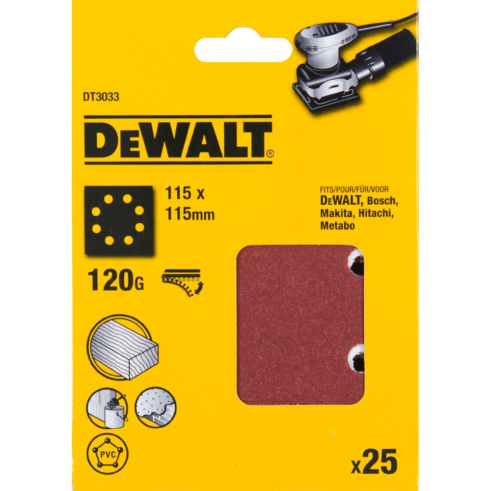 1/4 feuille abrasive pour ponceuses vibrantes grain 120-8 perforations 115x115mm - DT3033-QZ - DEWALT