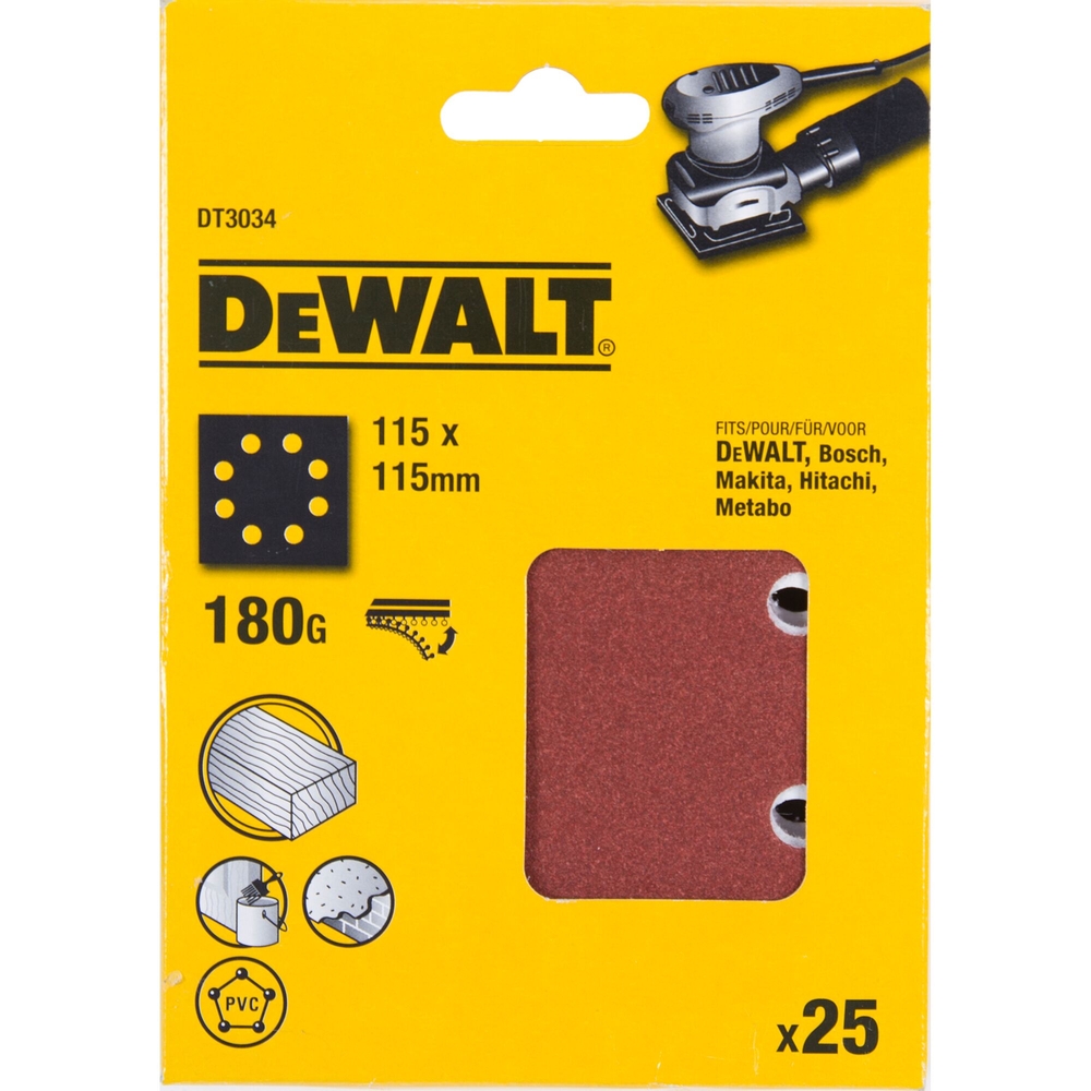 1/4 feuille abrasive pour ponceuses vibrantes grain 180-8 perforations 115x115mm - DT3034-QZ - DEWALT
