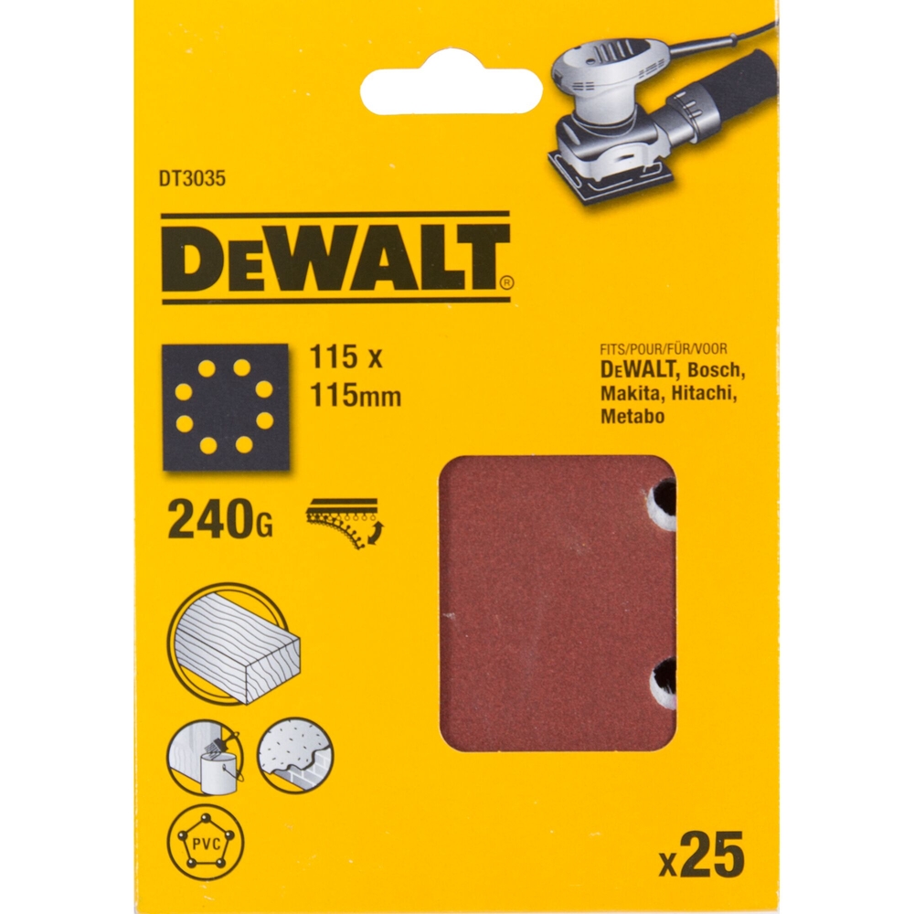1/4 feuille abrasive pour ponceuses vibrantes grain 240-8 perforations 115x115mm - DT3035-QZ - DEWALT