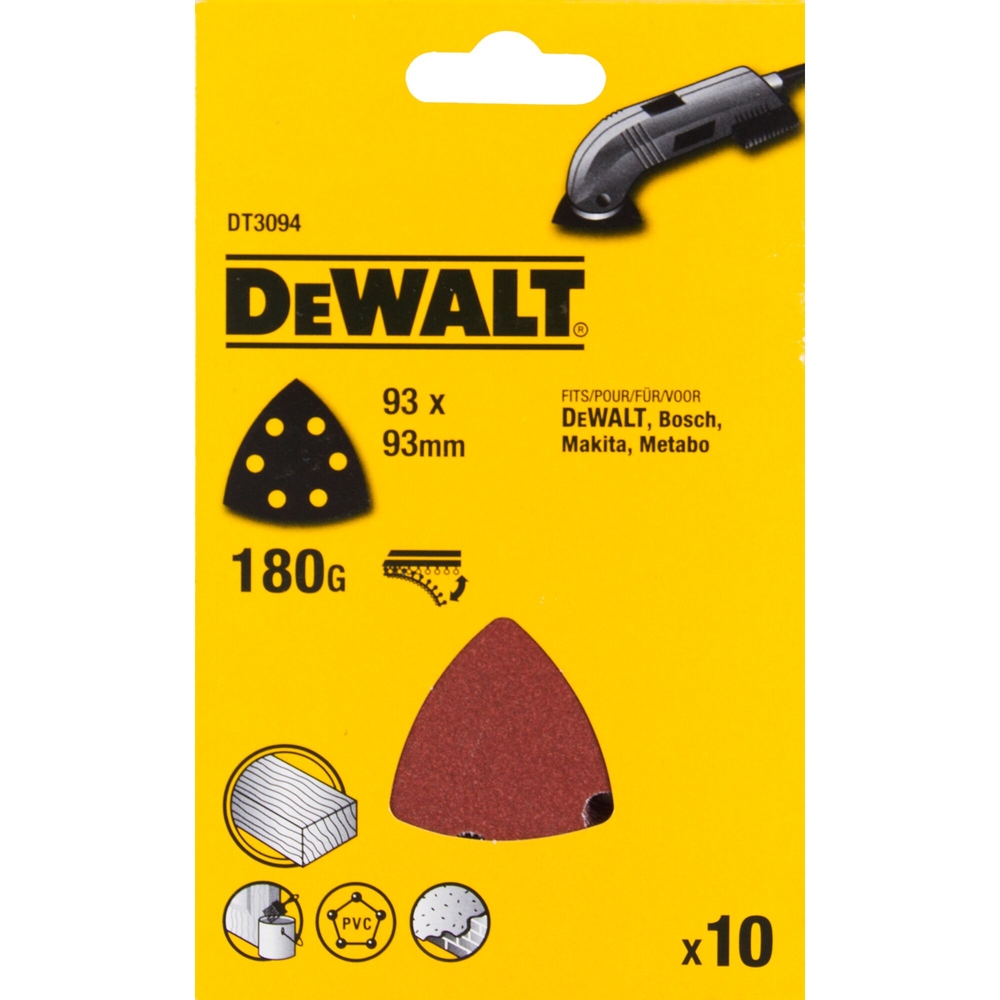 Abrasif velcro pour ponceuses delta velcro grain 180 - 6 perforations 93 x 93 mm - DT3094-QZ - DEWALT