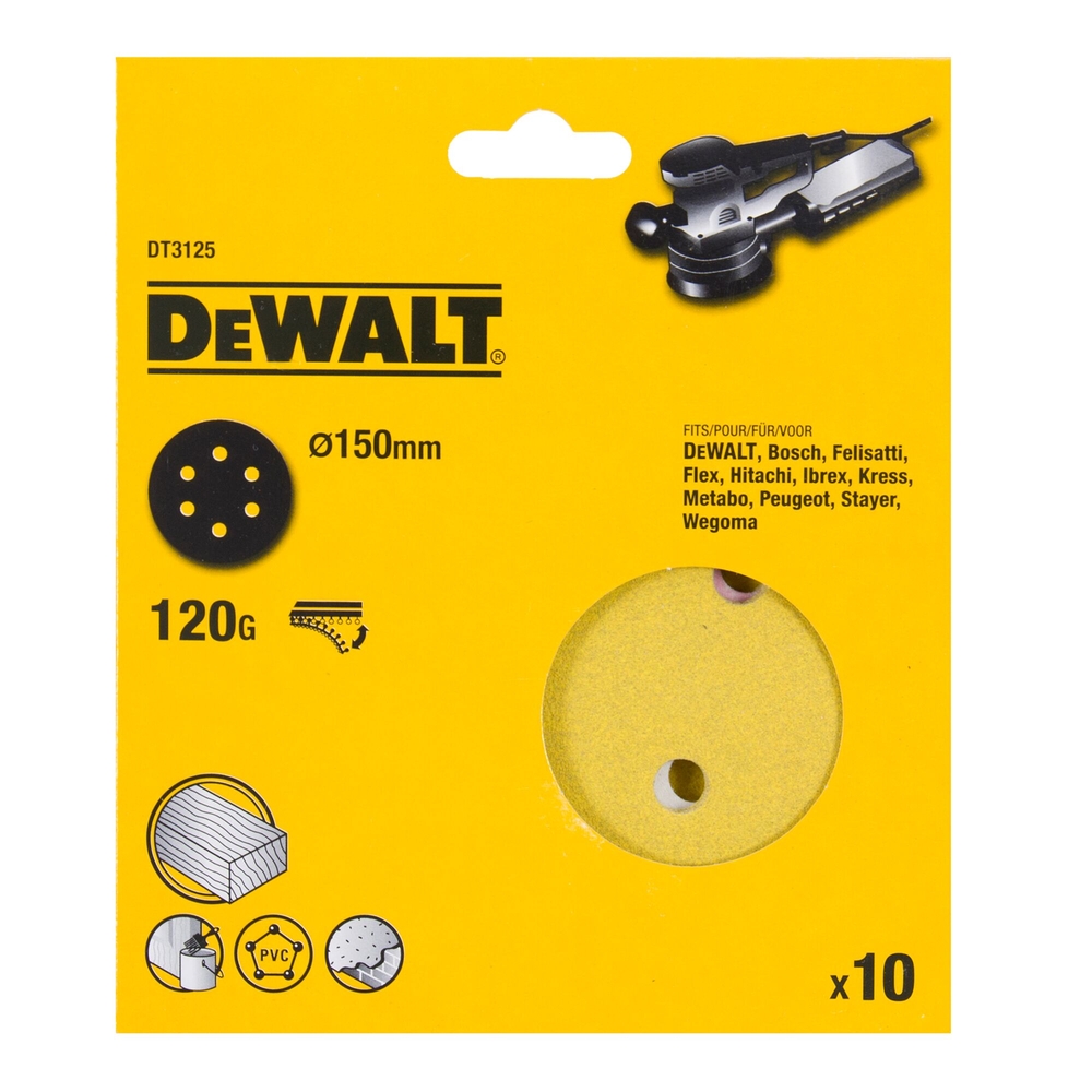 Disque abrasif velcro ponceuses excentriques grain 120 - 6 perforations ø 150 mm - DT3125-QZ - DEWALT