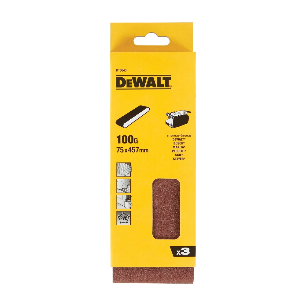 Abrasif pour ponceuses à bande bois / peinture / métal grain 100 - 75 x 457 mm - DT3643-QZ - DEWALT