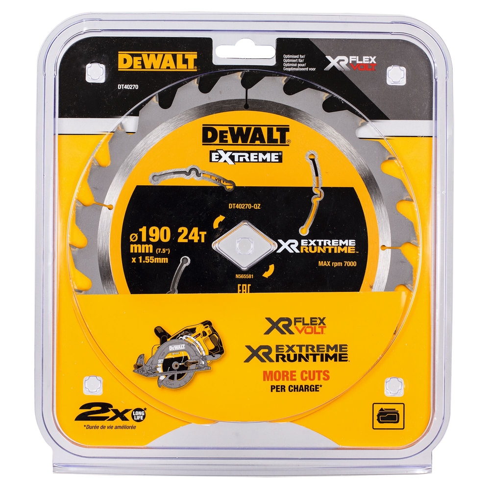 Lame de scie circulaire portative carbure XR Runtime 190 mm, 24 dents - DT40270-QZ - DEWALT