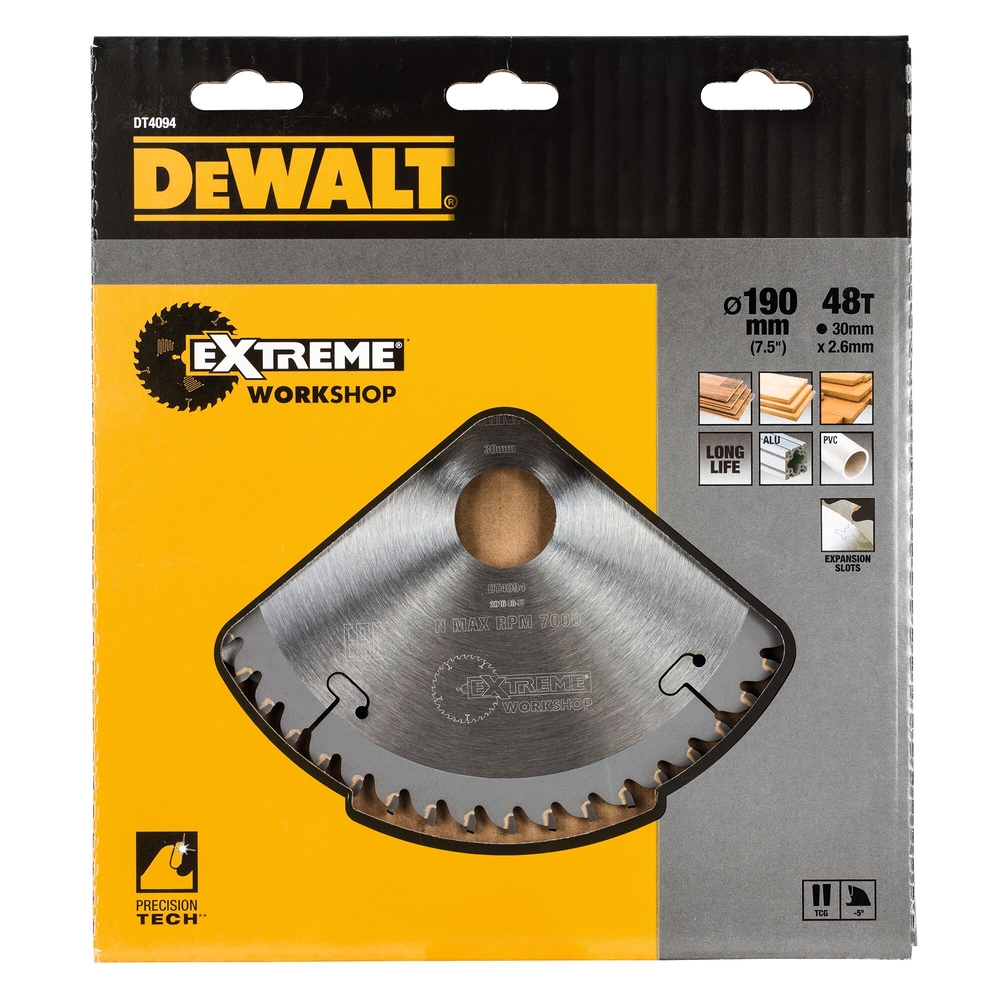 Lame scie circulaire 190x30mm, 48 dents, TCG/coupe très fine, angle d'attaque -5 - DT4094-QZ - DEWALT