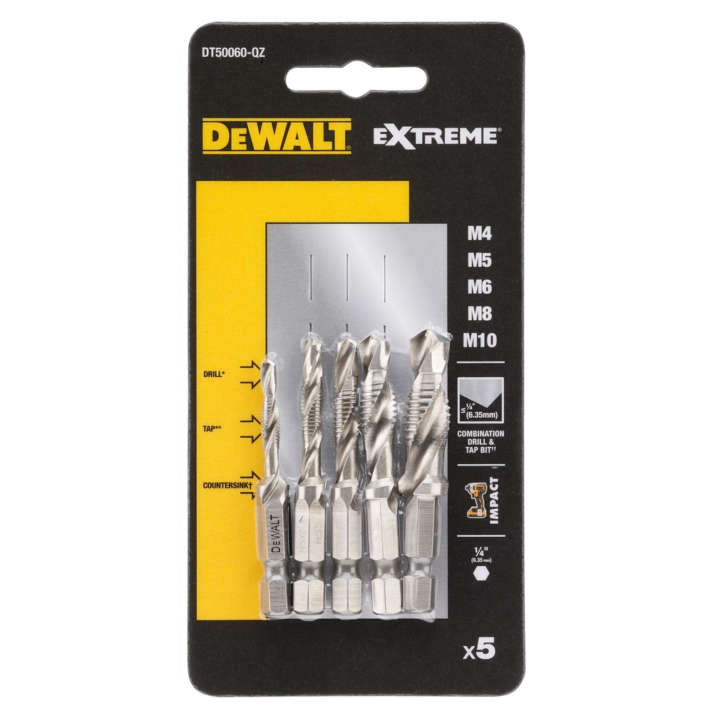 5 Forets à tarauder 156 mm emmanchement hexagonal (M4, M5, M6, M8, M10) - DT50060-QZ - DEWALT