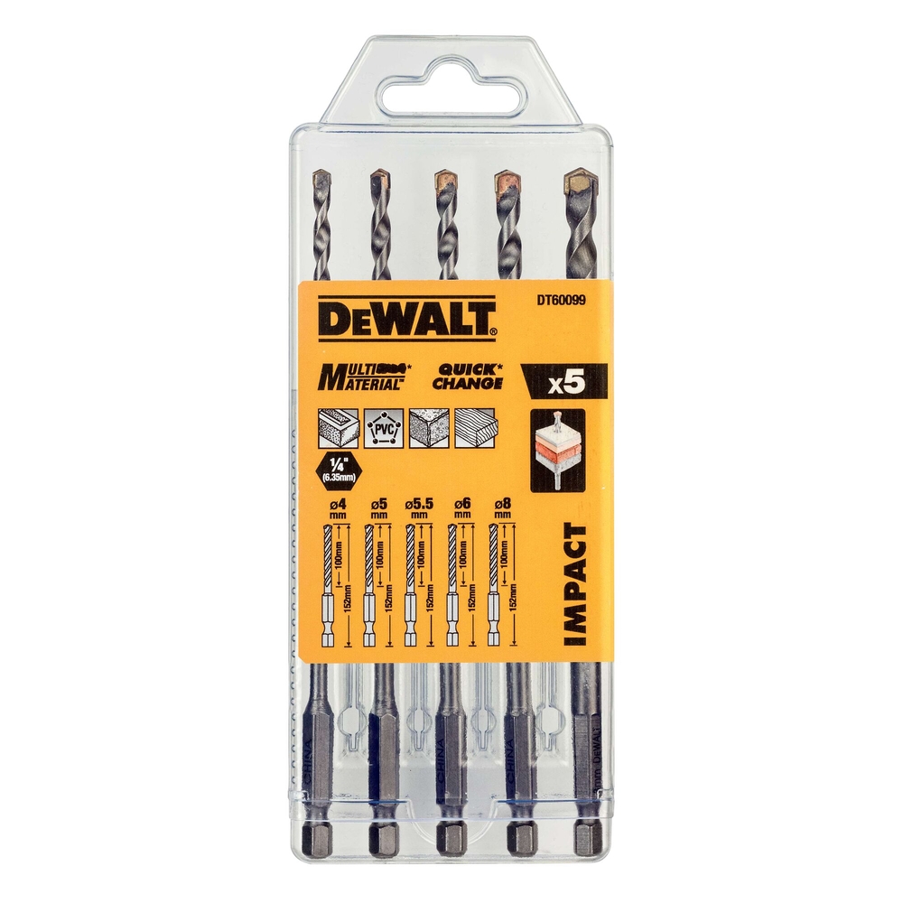 Coffret de 5 forets multi-matériaux impact diamètre : 4, 5 ,5, 5, 6, 8 mm - DT60099-QZ - DEWALT