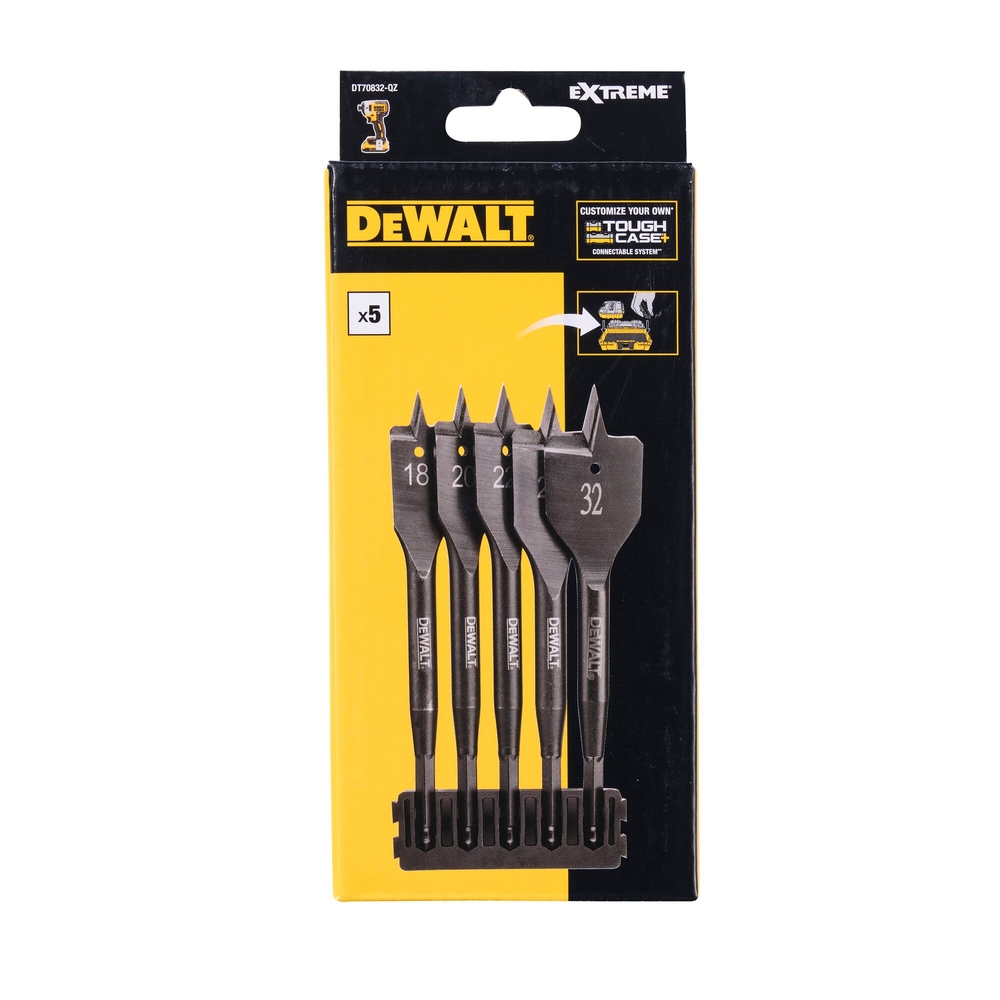 Barrette de 5 mèches à bois plates Ø 18 mm / 20 mm / 22 mm / 25 mm / 32 mm - DT70832-QZ - DEWALT