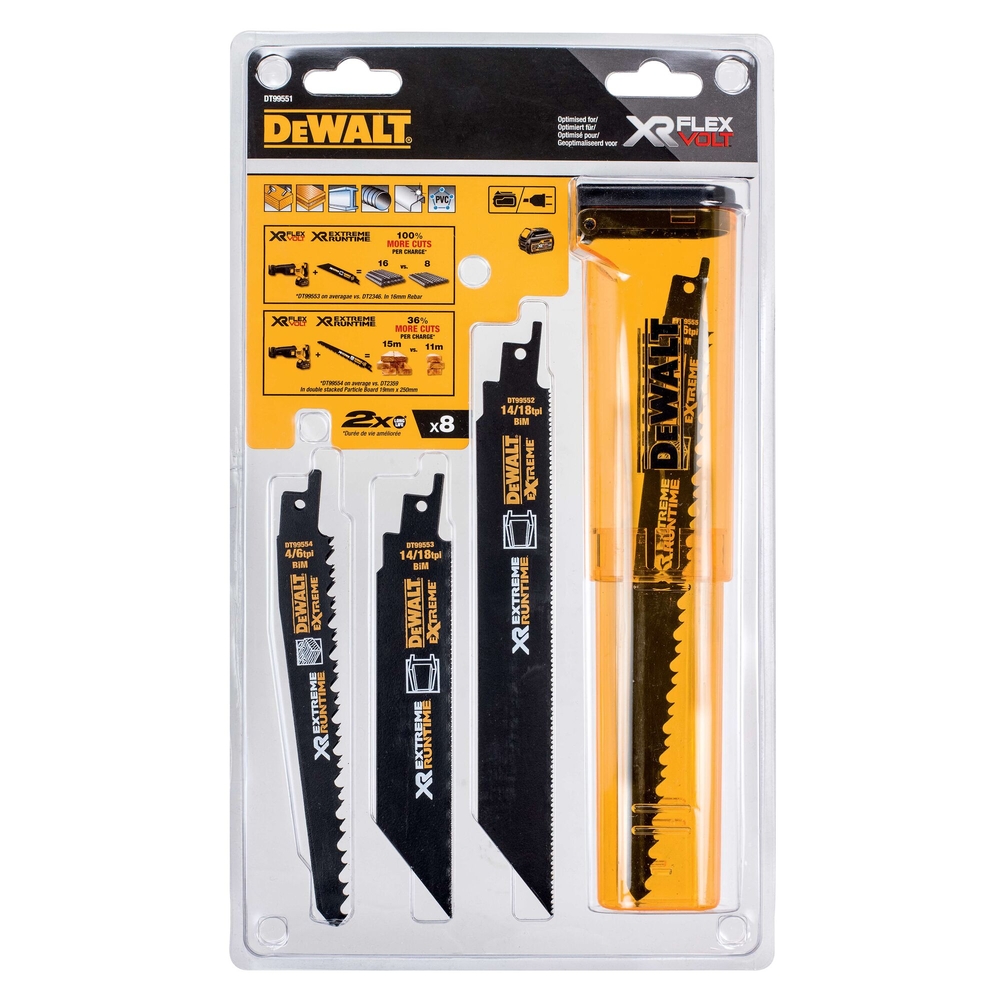 Coffret 8 lames de scie sabre XR Runtime - coupe du bois et du métal 152-230 mm - DT99551-QZ - DEWALT