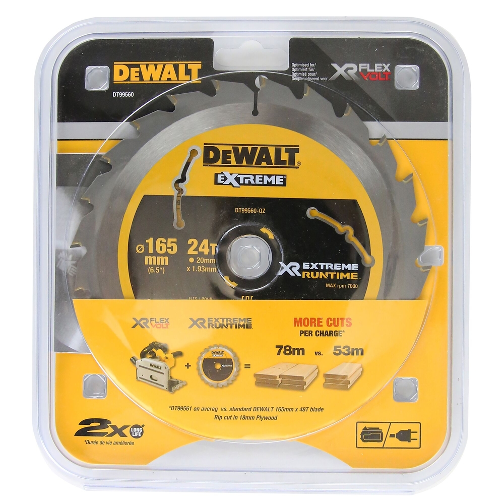 Lame de scie circulaire plongeante carbure XR Runtime, 165 x 20 mm 24 dents - DT99560-QZ - DEWALT