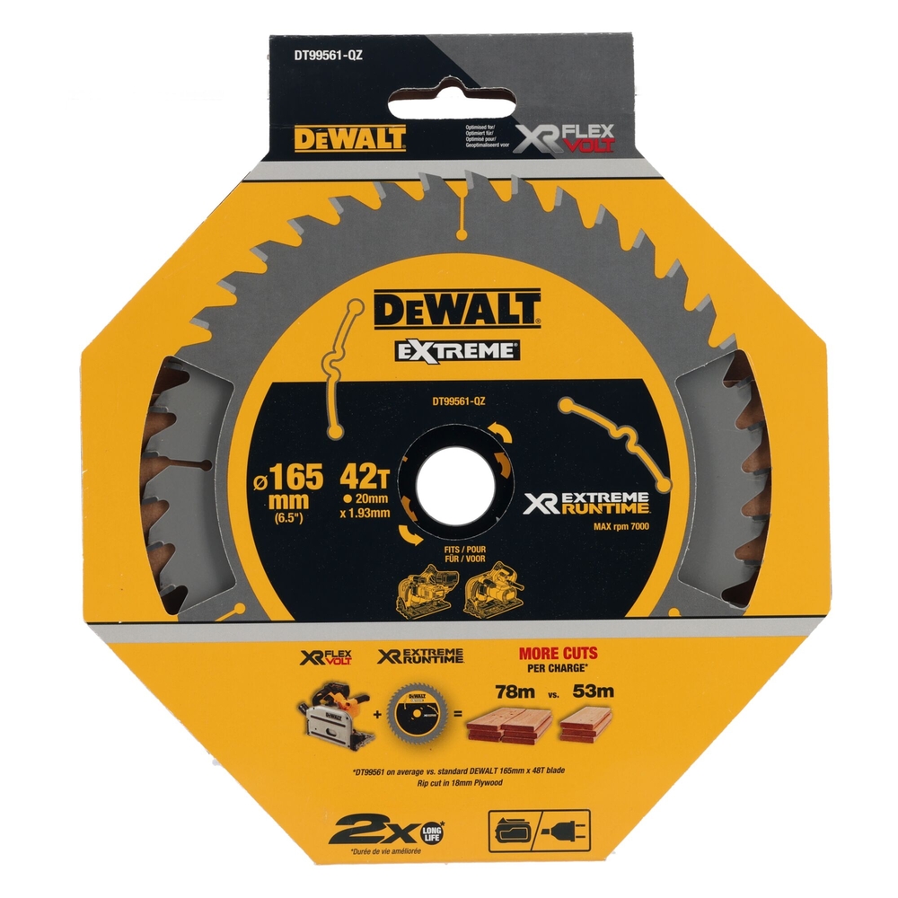 Lame de scie circulaire plongeante carbure XR Runtime, 165 x 20 mm 42 dents - DT99561-QZ - DEWALT